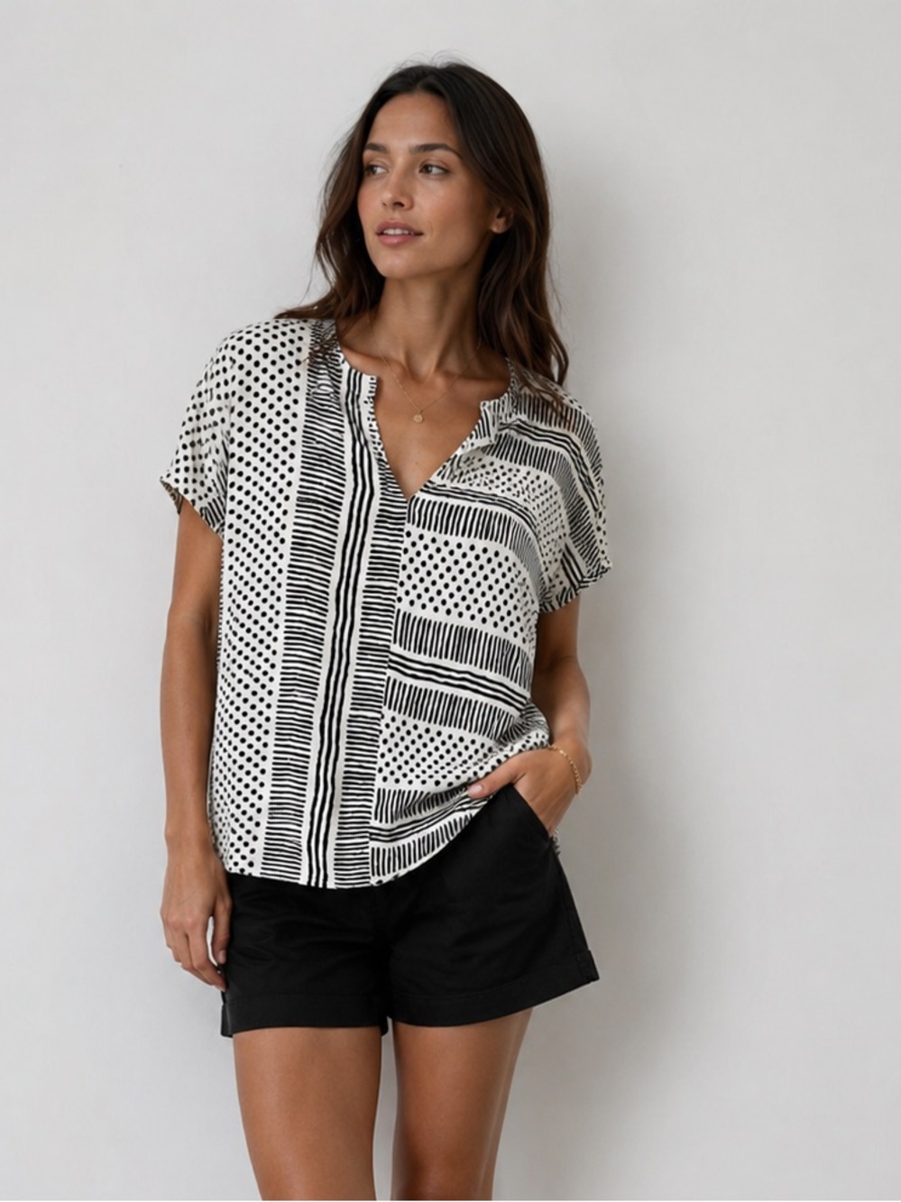 2/$20- Madewell Wave Dot White and Black Tunic Top